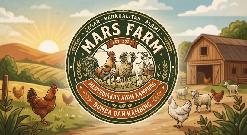 Logo baru Mars Farm dengan ilustrasi ayam kampung, domba, kambing, dan kandang
